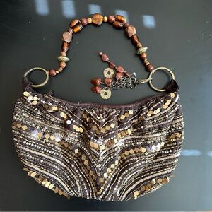 Y2K Beaded Sequined Boho Shoulder Bag Brown Gold Faux Suede Glam Statement Purse